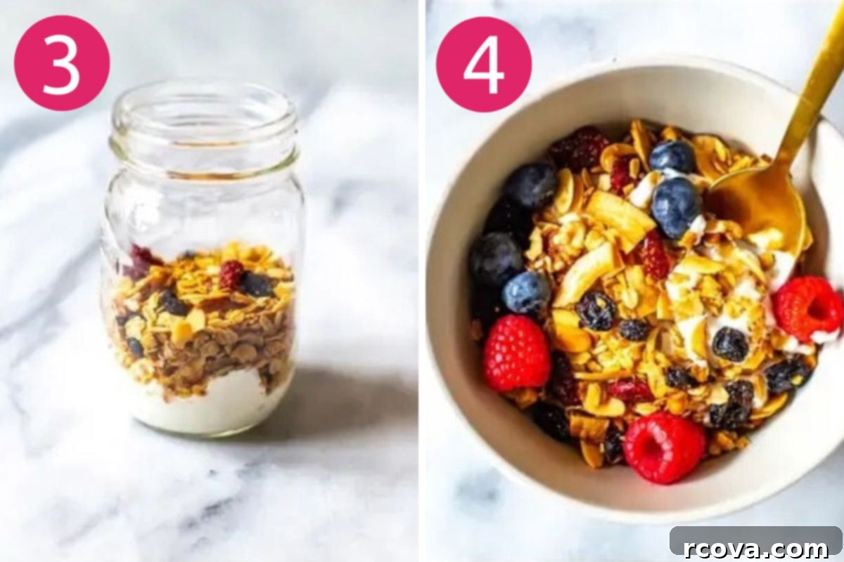 Wholesome Grab and Go Parfaits 6 Step-by-step photos: layering yogurt, granola, and fruit in jars for parfaits