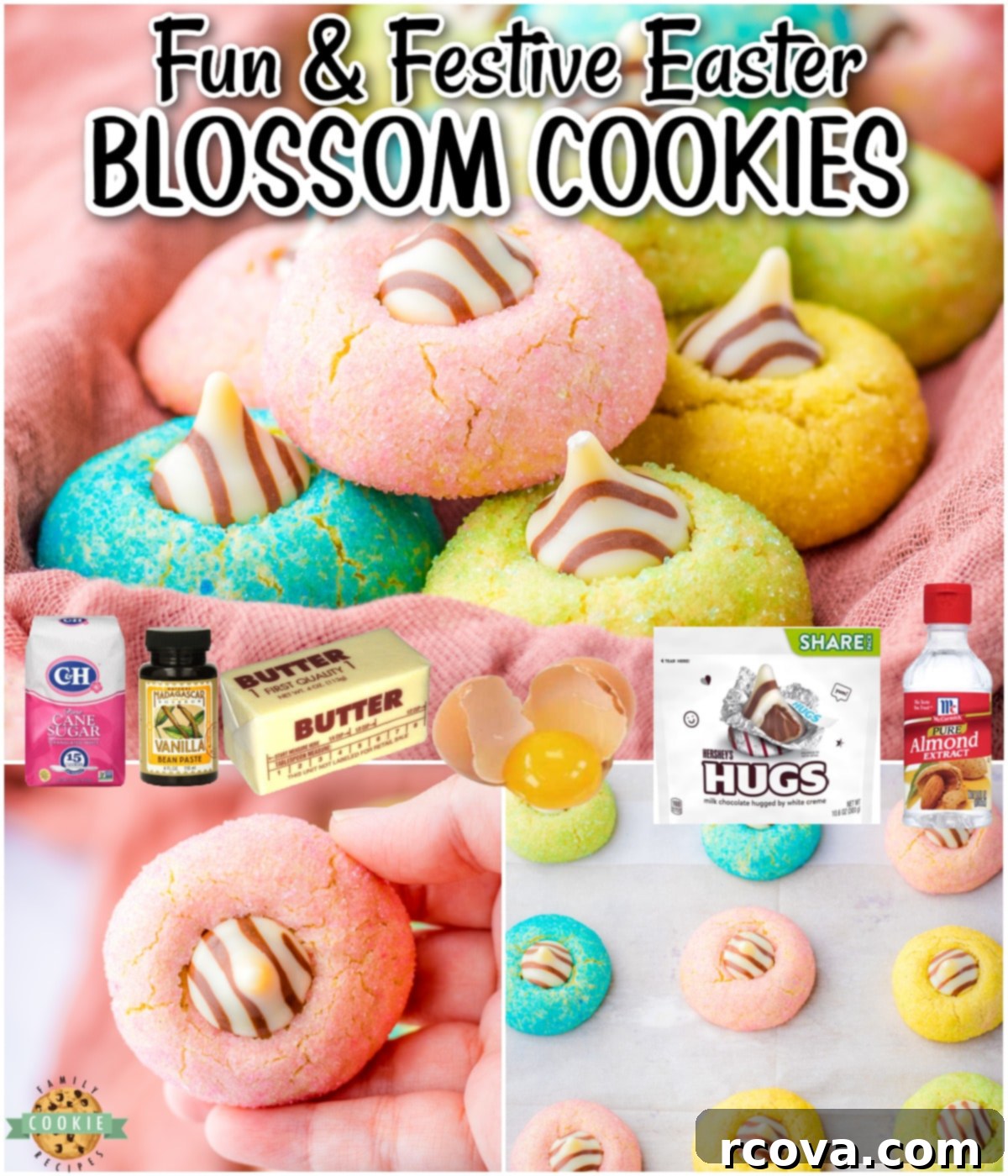 Dawn Blossom Delights 8 Easter Blossom Cookies are rolled in pastel sanding sugar before being baked and topped with a chocolate kiss, a lovely simple festive family favorite