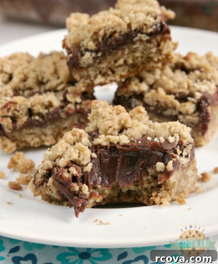 Chewy Fudgy Oat Bars 2 Fudgy Oatmeal Cookie Bars featuring a rich chocolate ganache between two layers of soft, chewy oatmeal cookie dough. This easy bar cookie recipe is a must-try dessert.