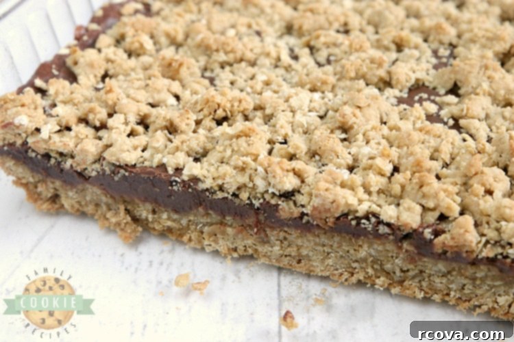 Chewy Fudgy Oat Bars 4 Close-up of oatmeal cookie bars with a luscious fudge filling in the center, showing the chewy texture and rich chocolate.