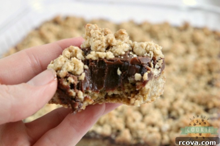 Chewy Fudgy Oat Bars 6 A freshly baked pan of Fudgy Oatmeal Cookie Bars, golden brown on top with a visible thick chocolate ganache layer.