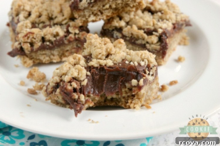 Chewy Fudgy Oat Bars 8 Cut Fudgy Oatmeal Cookie Bars with a visible chocolate fudge layer, ready to be served from the baking pan.