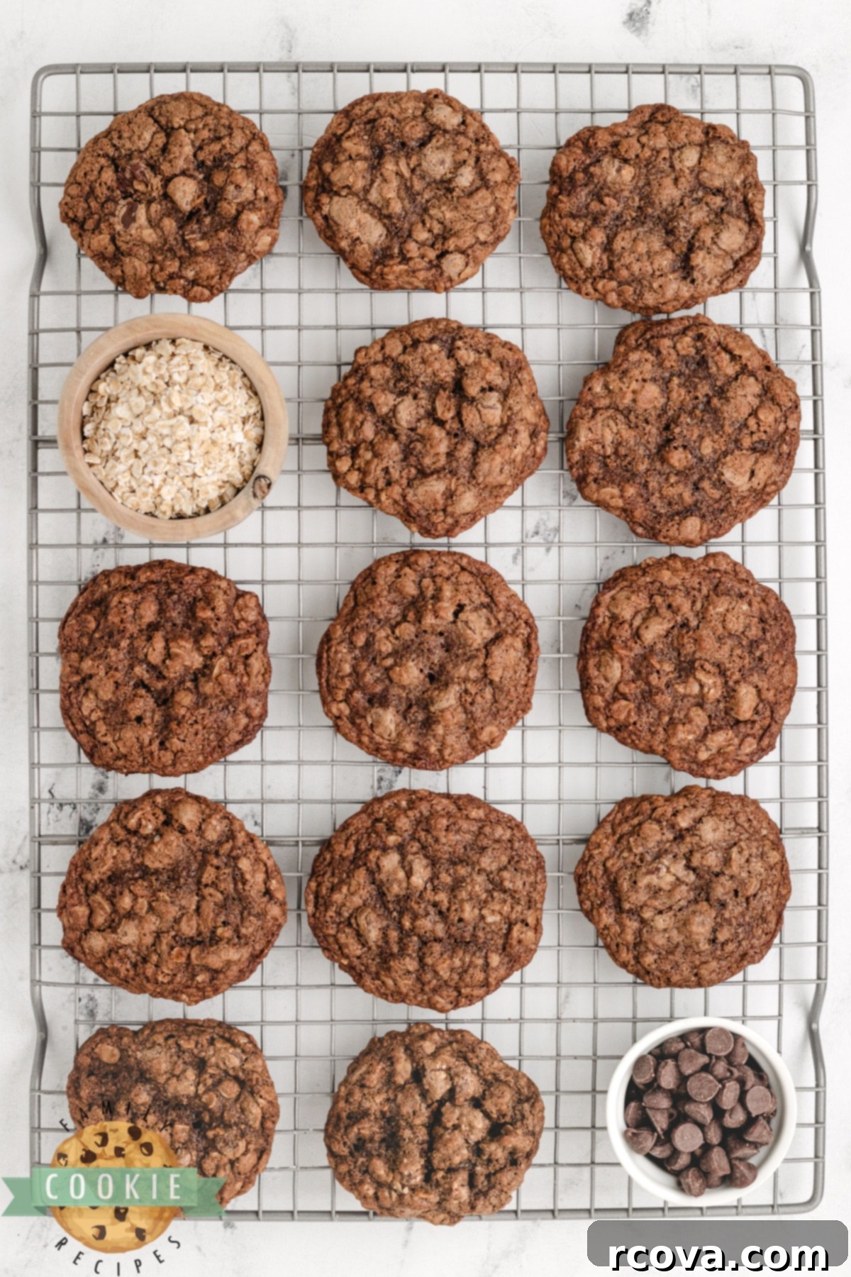 Decadent Double Chocolate Oatmeal Delights 11 Chocolate oatmeal cookies on a wire rack to cool.