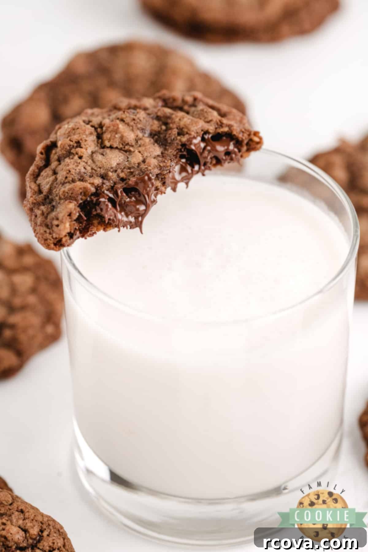 Decadent Double Chocolate Oatmeal Delights 9 Dipping chocolate oatmeal cookie with chocolate chips in a glass of milk.