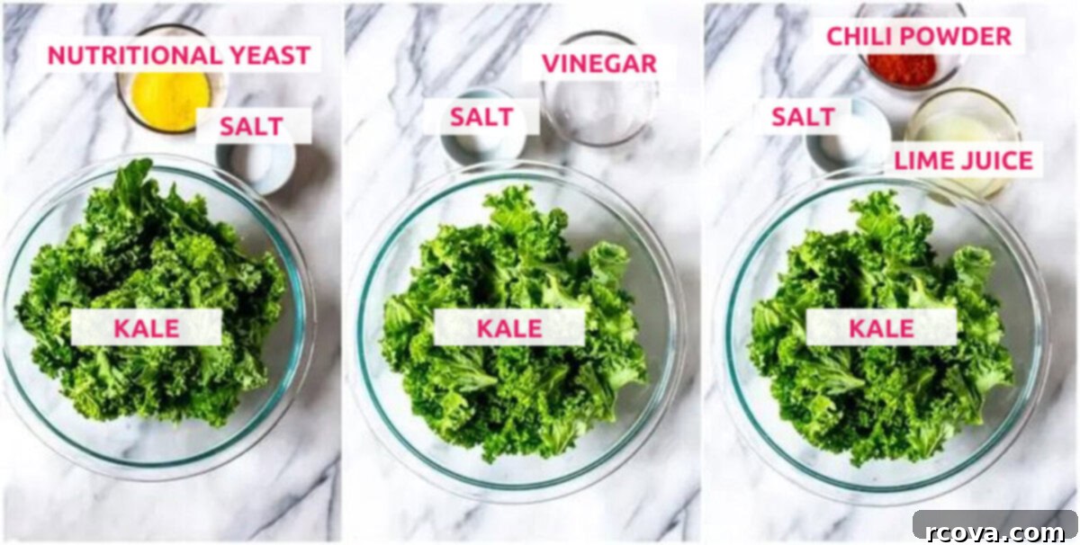 Crispy Baked Kale 4 Ingredients for kale chips: kale, nutritional yeast, salt, vinegar, lime juice and chili powder.