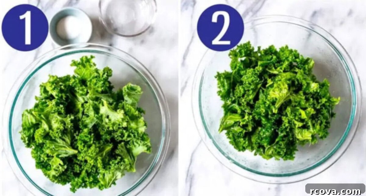 Crispy Baked Kale 5 Steps 1 and 2 for making kale chips: Wash/dry kale then tear into pieces.