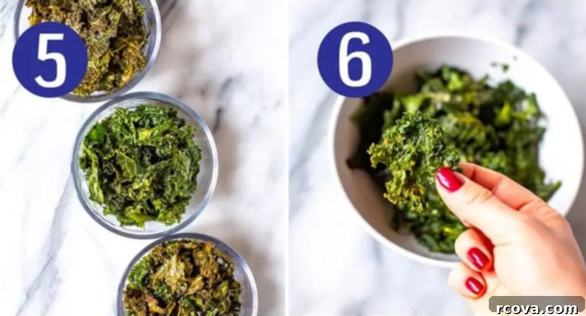 Crispy Baked Kale 7 Steps 5 and 6 for making kale chips: Cool then serve.