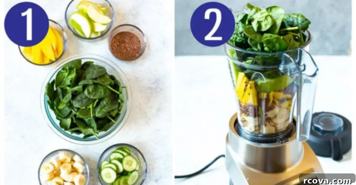 Your Go-To Green Smoothie Meal Prep 5 Steps 1 and 2 for green smoothie: prepping ingredients and adding them to the blender for a healthy drink