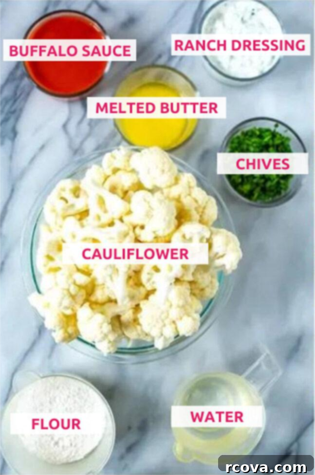 Spicy Baked Buffalo Cauliflower Wings 4 Fresh ingredients for making homemade buffalo cauliflower: cauliflower, flour, garlic powder, buffalo sauce, and butter
