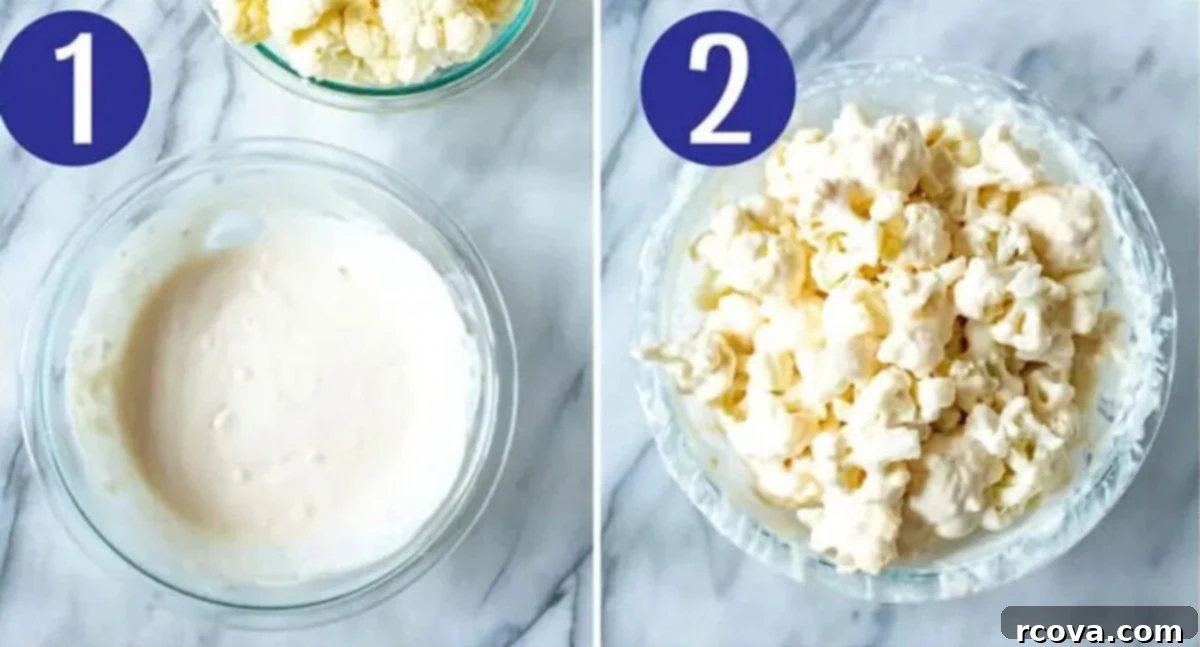Spicy Baked Buffalo Cauliflower Wings 5 Steps 1 and 2 for making buffalo cauliflower: Combine flour, water and seasonings in a bowl, then toss cauliflower florets to coat thoroughly.