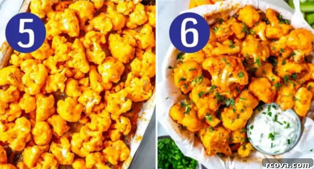 Spicy Baked Buffalo Cauliflower Wings 7 Steps 5 and 6 for making buffalo cauliflower: Toss baked cauliflower in buffalo sauce, then return to oven briefly before serving.