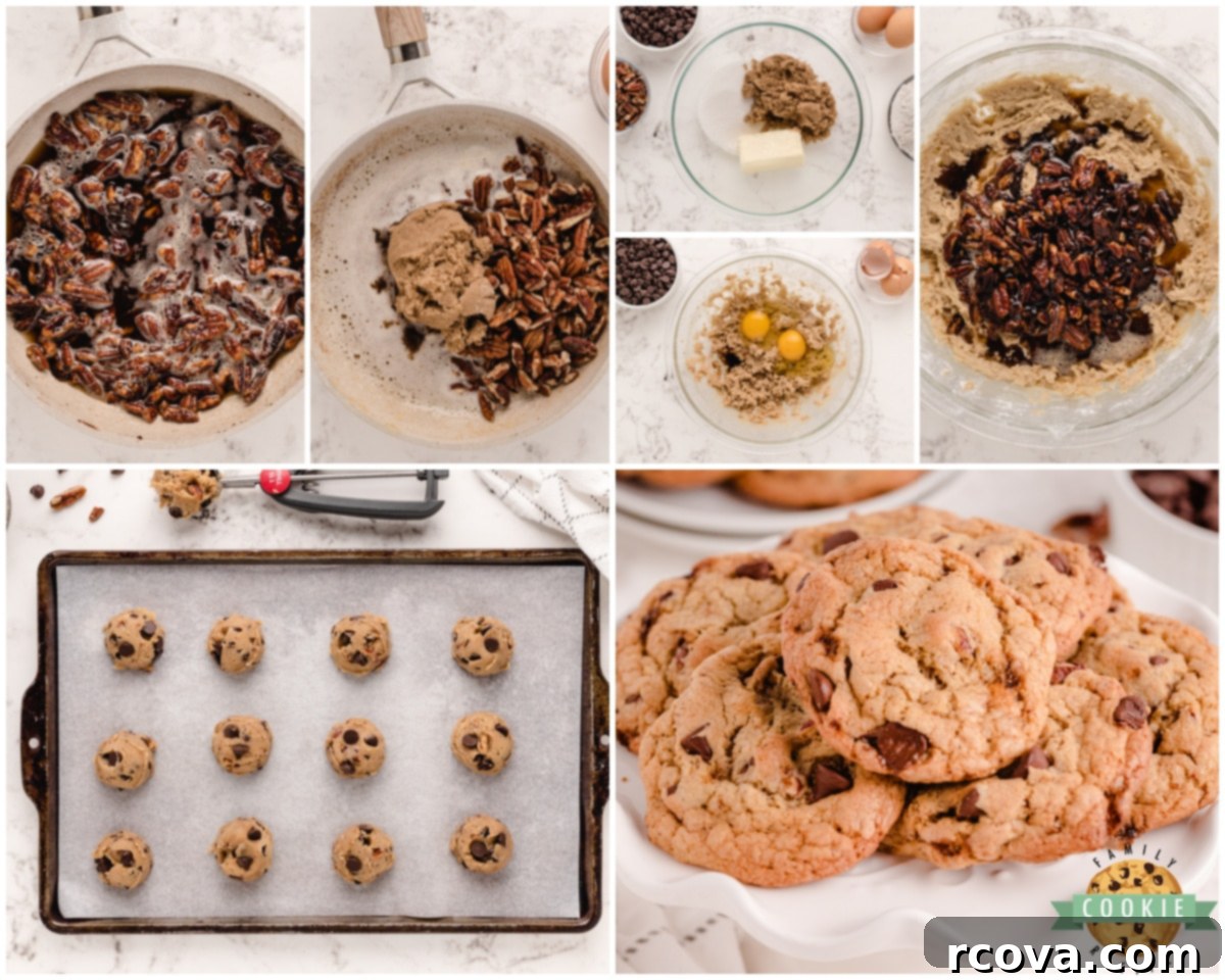 Irresistible Butter Pecan Chocolate Chip Cookies 7 A vibrant collage showing the process and delicious result of making Butter Pecan Chocolate Chip Cookies.