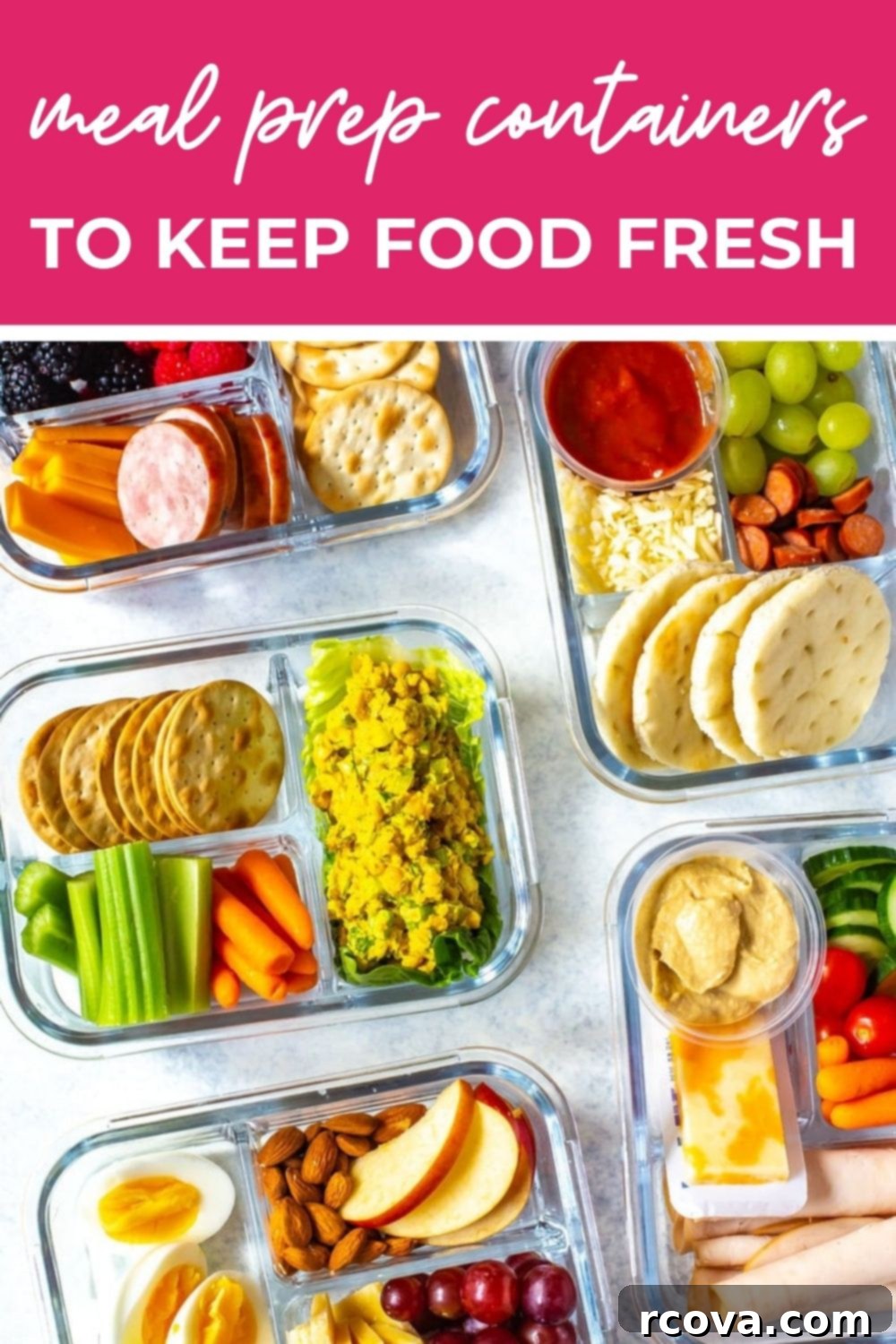 The Ultimate Guide to Meal Prep Containers 12 Bento box containers with the text "Best Meal Prep Containers to Keep Food Fresh" on top, surrounded by fresh ingredients.
