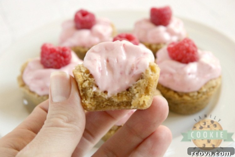 Mini Raspberry Cheesecake Cookie Cups 4 Close-up of a finished Raspberry Cheesecake Cookie Cup, showing the golden graham cracker base and smooth raspberry cream cheese filling, ready to be enjoyed.