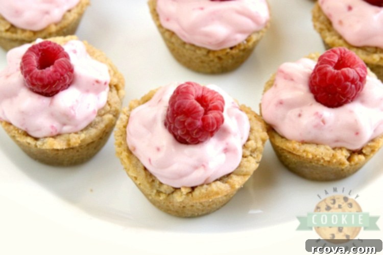 Mini Raspberry Cheesecake Cookie Cups 8 An array of freshly baked Raspberry Cheesecake Cookie Cups, glistening with creamy filling and fresh berry garnishes, arranged beautifully on a platter.
