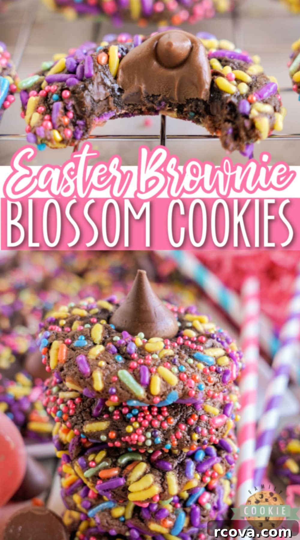 Decadent Easter Brownie Blossoms 11 Easter Brownie Blossom Cookies are rolled in sprinkles before being baked and topped with a Hershey's Kiss. This simple brownie mix cookie recipe is perfect for spring!