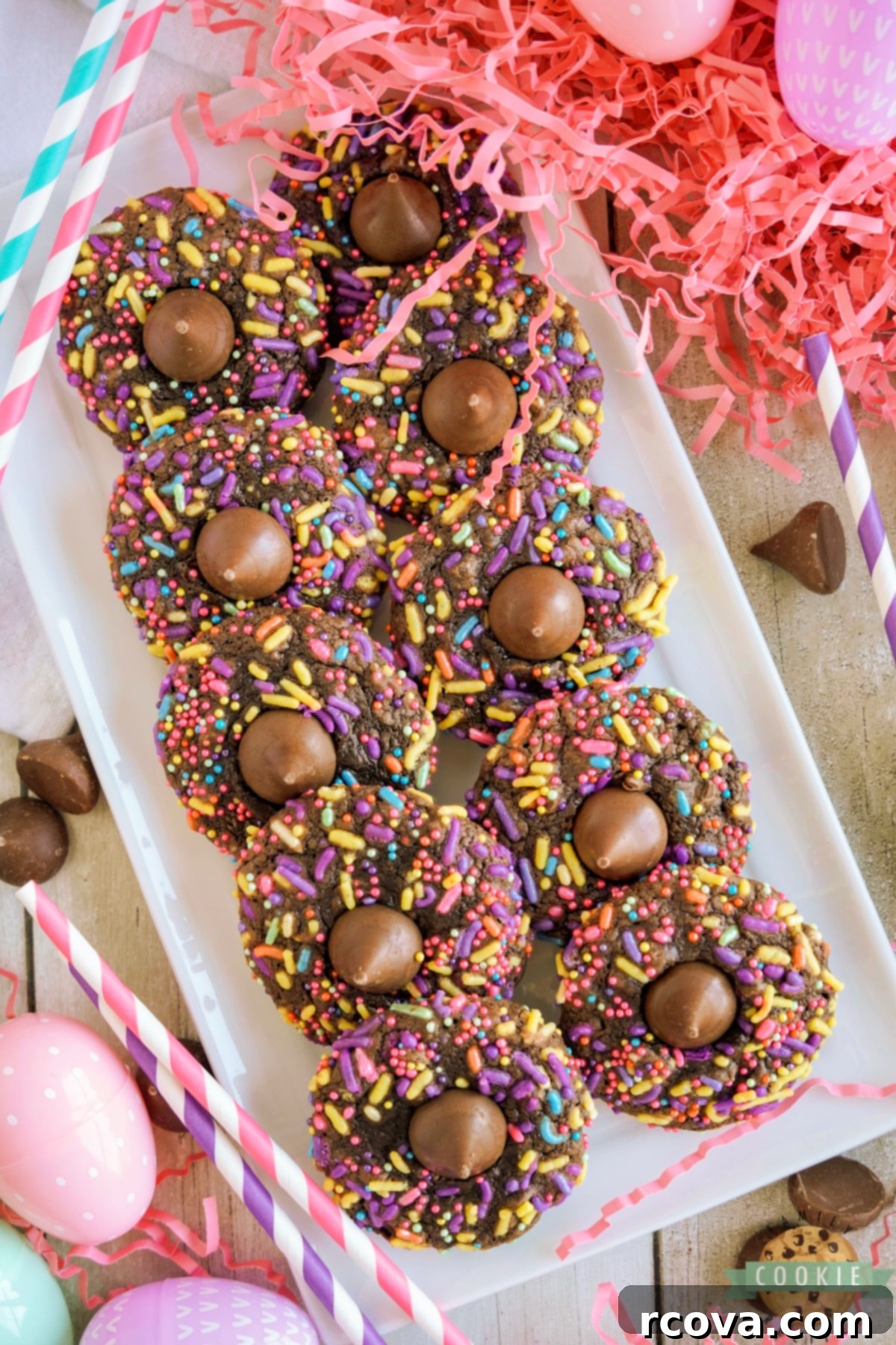 Decadent Easter Brownie Blossoms 3 Plate of brownie cookies made with sprinkles and Hershey's kisses.
