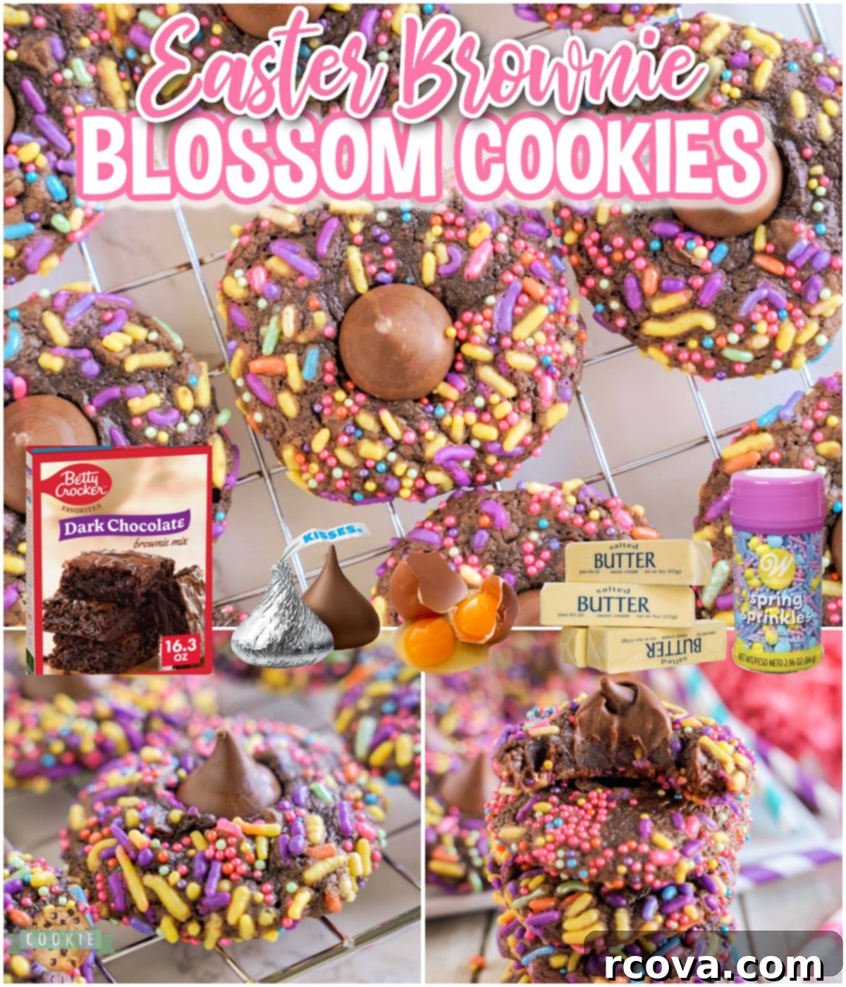 Decadent Easter Brownie Blossoms 7 Easter Brownie Blossom Cookies are rolled in sprinkles before being baked and topped with a Hershey's Kiss. This simple brownie mix cookie recipe is perfect for spring!