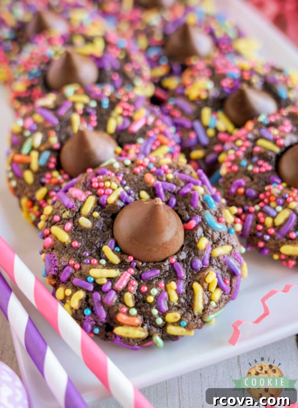 Decadent Easter Brownie Blossoms 10 Chocolate cookies made with brownie mix and sprinkles.