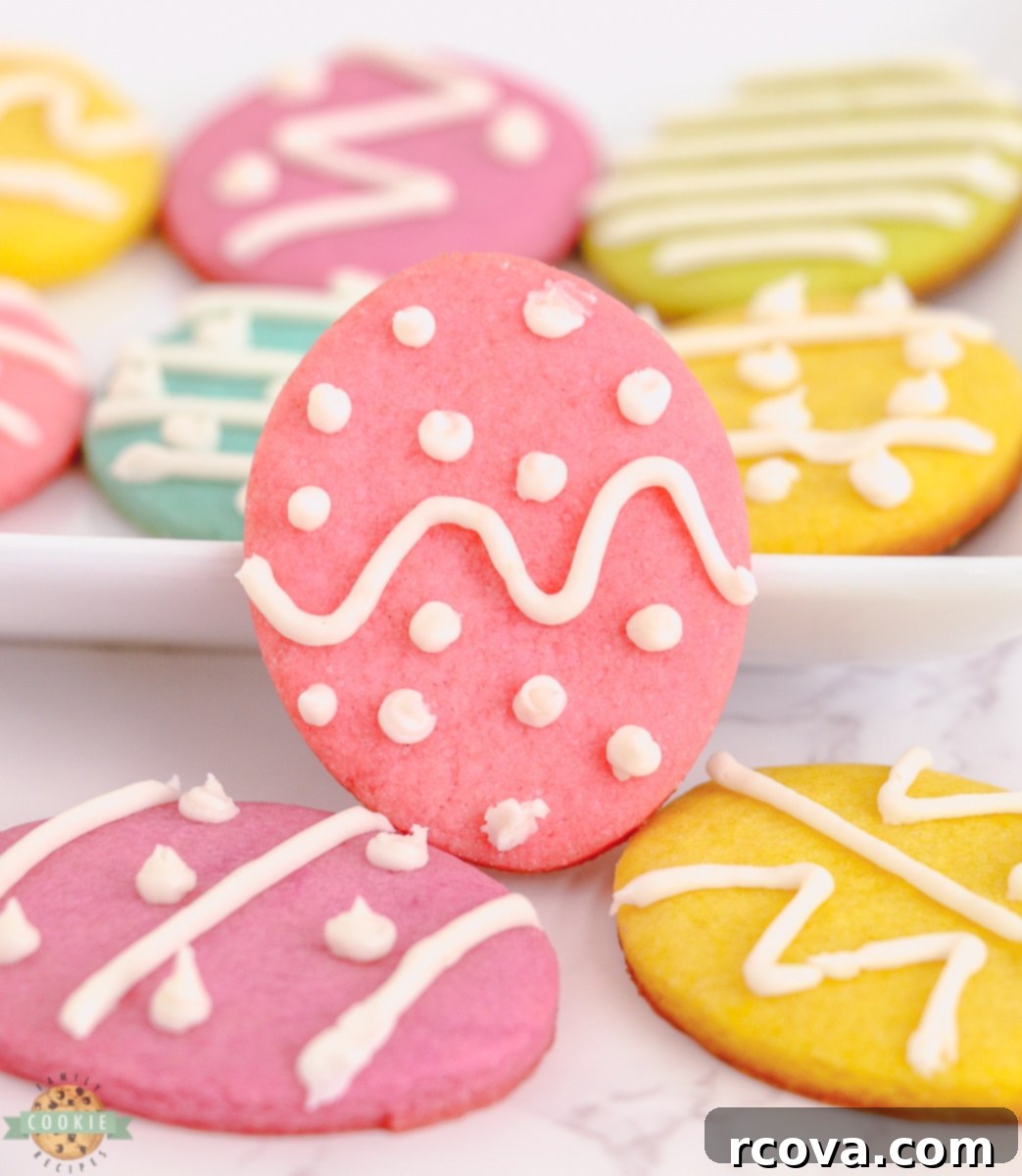 Spring Cookie Delights 14 Easter Egg Sugar Cookies, lightly frosted and decorated for the holiday.
