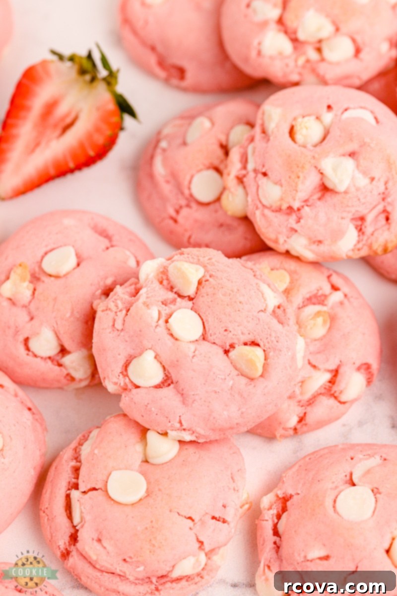 Spring Cookie Delights 22 White Chocolate Strawberry Cake Mix Cookies, soft, chewy, and pink.