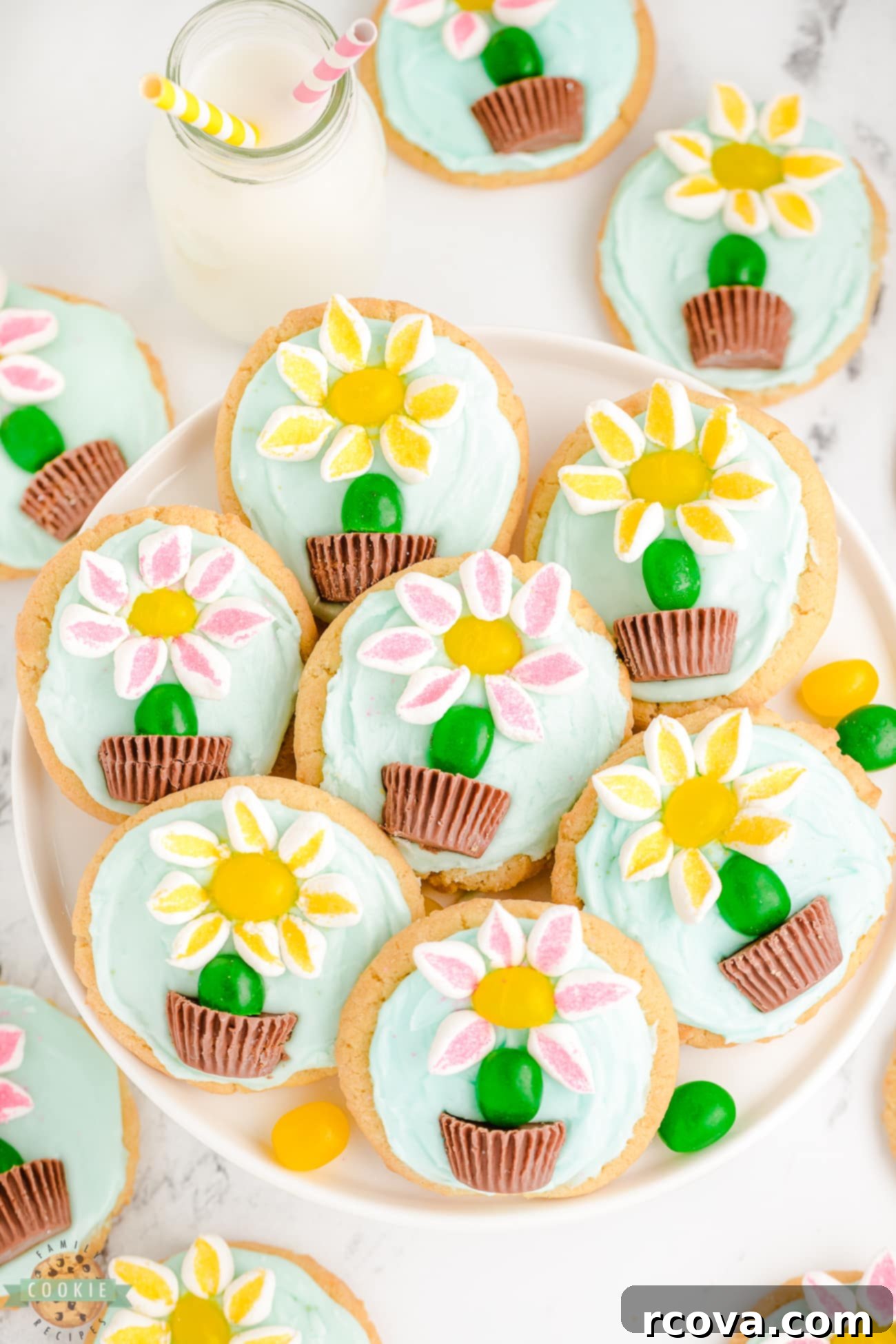 Spring Cookie Delights 4 Plateful of pretty marshmallow flower sugar cookies with chocolate pots and jelly bean stems.