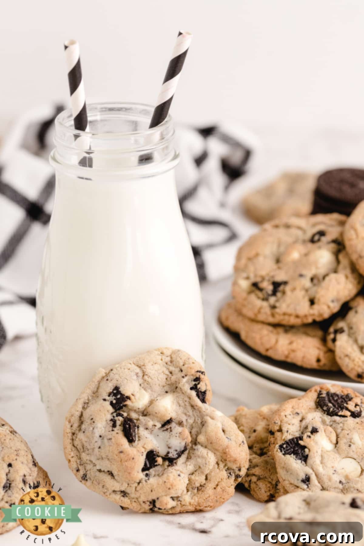 Cookies and Cream Crumble Cookies 13 A tantalizing display of Cookies and Cream Cookies with a glass of milk, perfect for any dessert craving.
