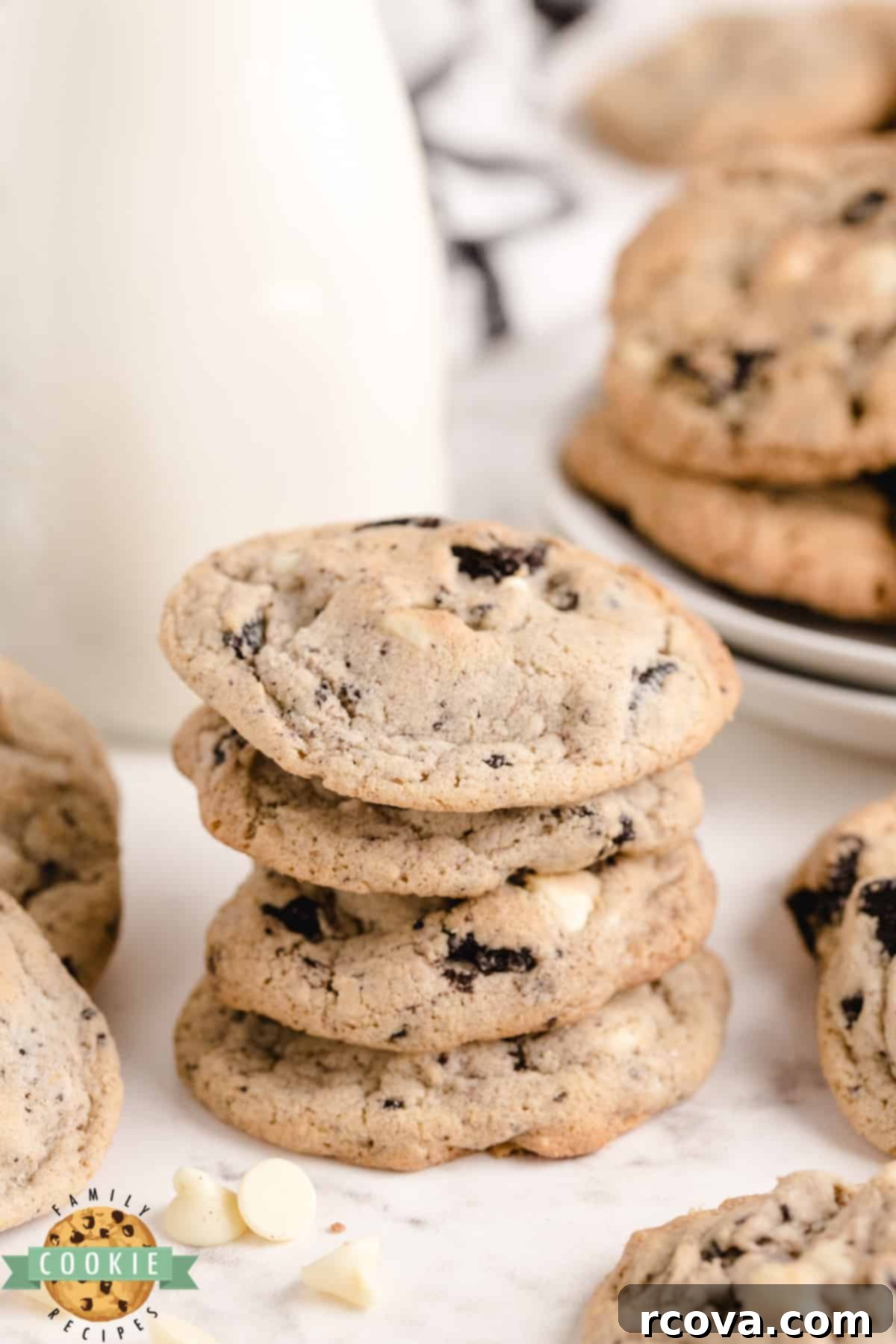 Cookies and Cream Crumble Cookies 8 A stack of delicious Cookies and Cream Cookies featuring crushed Oreos and the perfect soft, chewy texture.