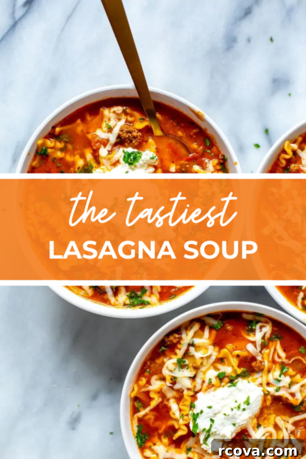 Efsane Lazanya Çorbası 12 three bowls of lasagna soup with orange banner in the middle reading "the tastiest lasagna soup"