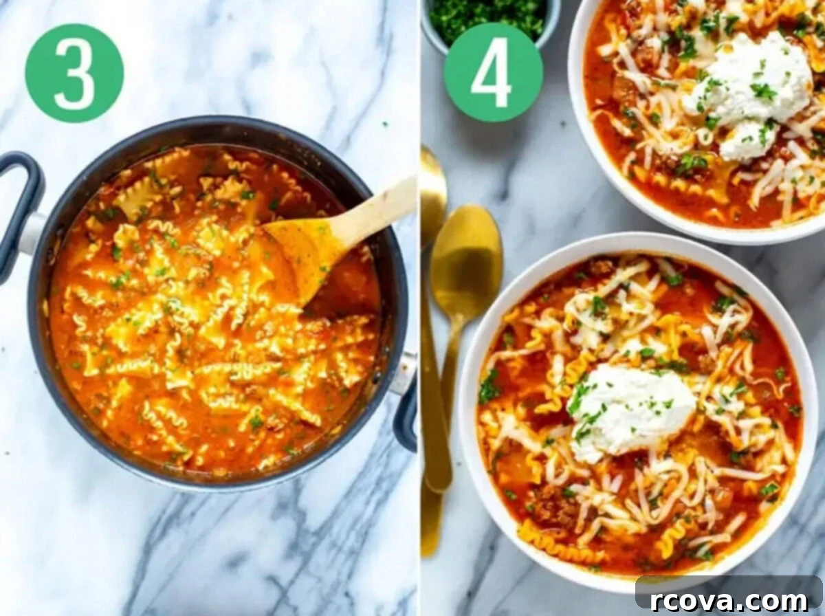 Efsane Lazanya Çorbası 6 Steps 3 and 4 for making one pot lasagna soup: After cooking aromatics, add remaining ingredients and simmer until pasta is cooked, then serve with cheese and herbs.