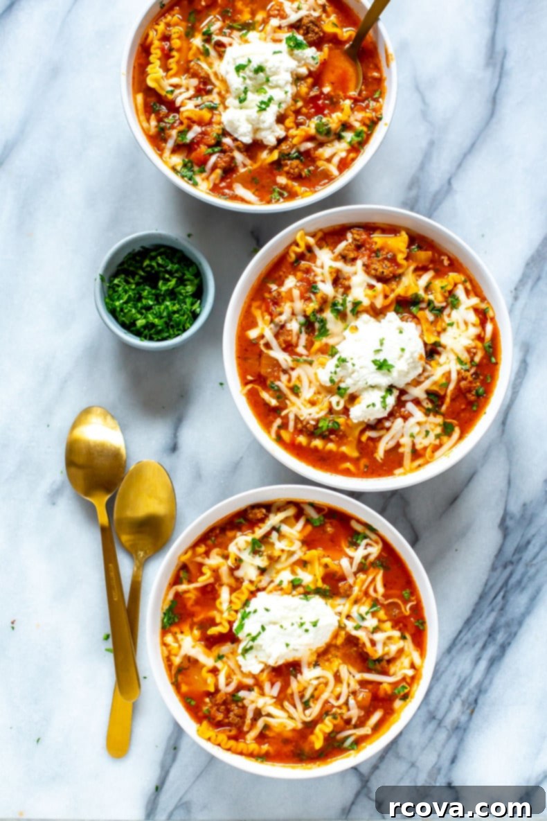Efsane Lazanya Çorbası 7 A large pot of 30-Minute One-Pot Lasagna Soup, still steaming, ready to be served.