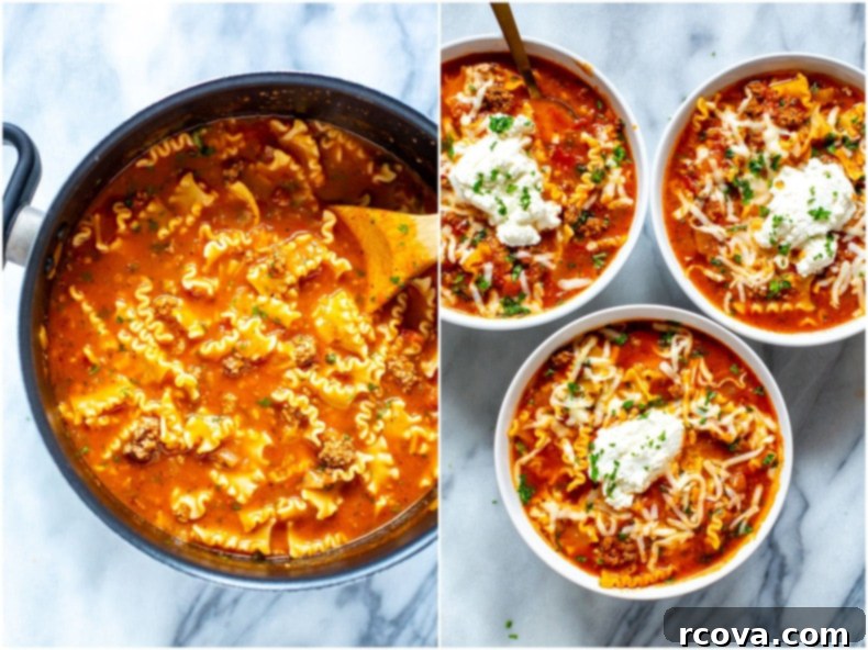 Efsane Lazanya Çorbası 8 A single bowl of 30-Minute One-Pot Lasagna Soup, garnished with cheese and herbs, on a light blue napkin.
