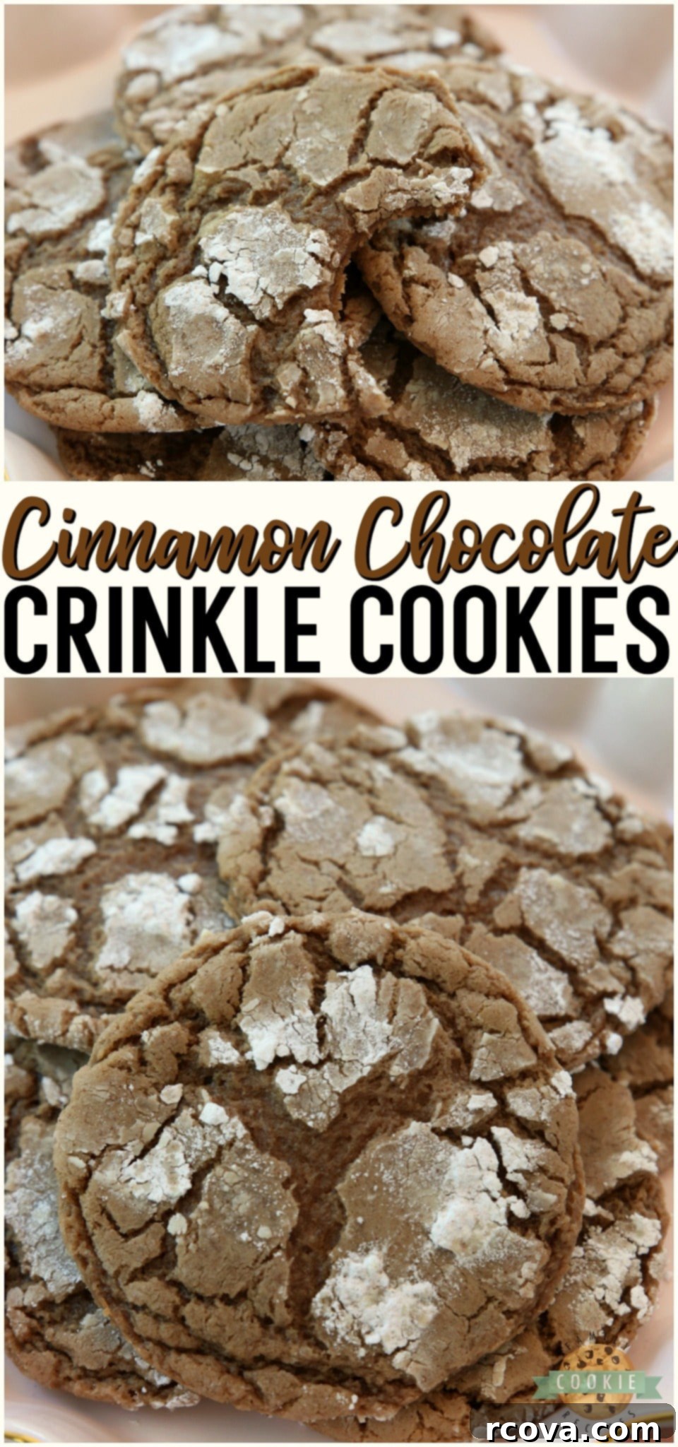 Cozy Cinnamon Chocolate Crinkles 13 Pinterest pin graphic for Cinnamon Chocolate Crinkle Cookies recipe, styled like Mexican hot chocolate