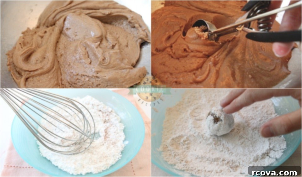 Cozy Cinnamon Chocolate Crinkles 5 A baker's hands rolling Cinnamon Chocolate Crinkle Cookie dough in powdered sugar