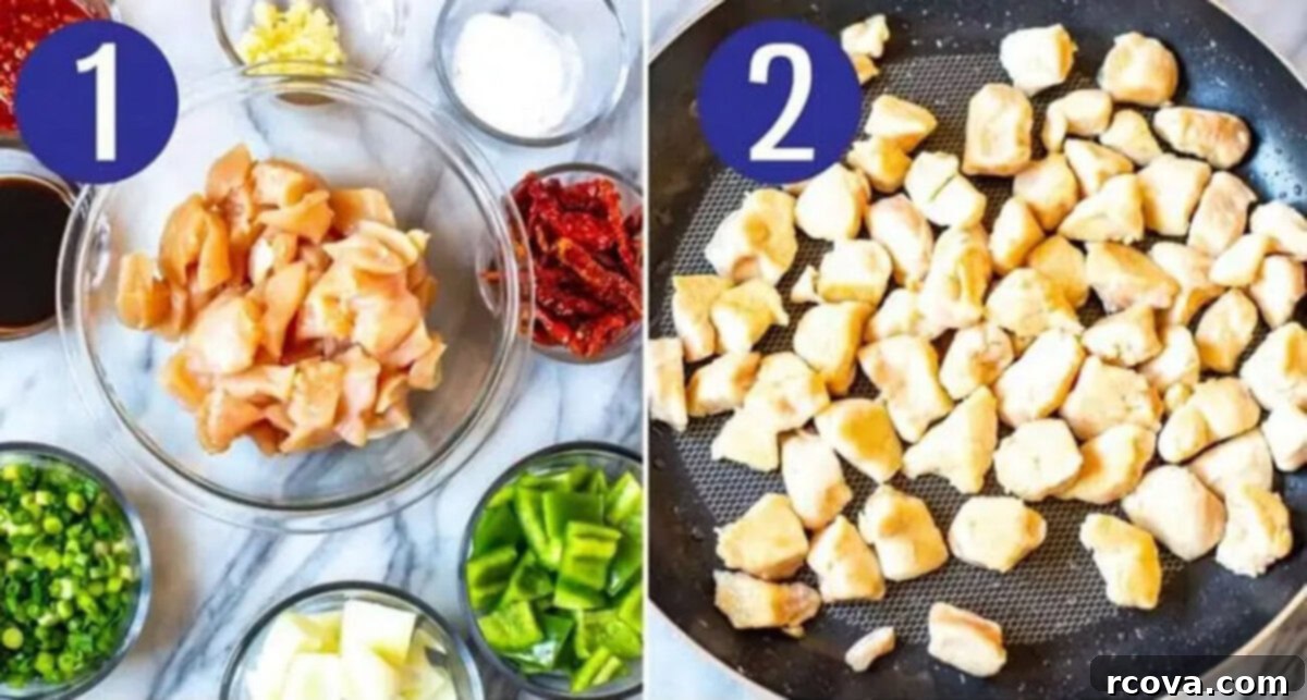 Signature Chilli Chicken 5 Steps 1 and 2 for making chilli chicken: Season chicken then brown it.