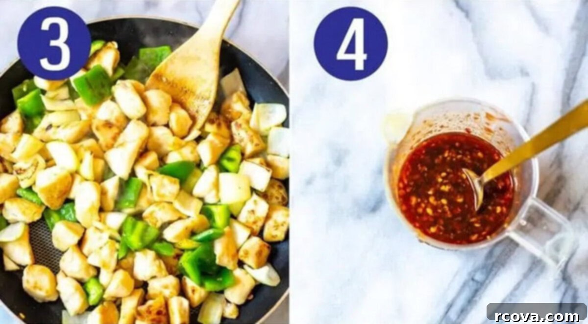 Signature Chilli Chicken 6 Steps 3 and 4 for making chilli chicken: Add veggies then make sauce.