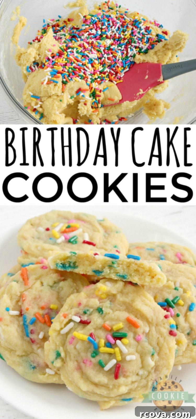 Funfetti Birthday Cake Cookies 8 A stack of soft Birthday Cake Cookies with colorful sprinkles on a white plate