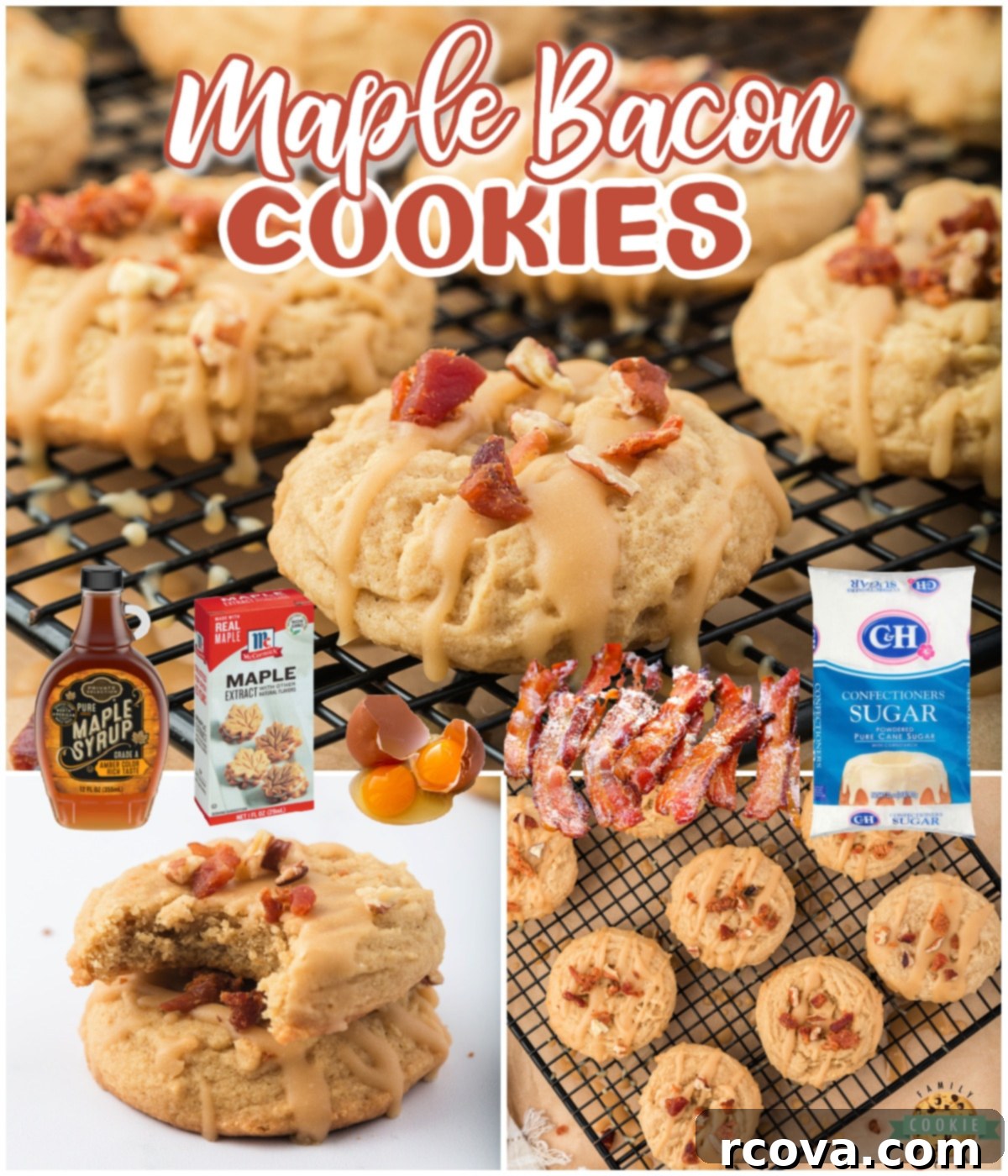 Sweet & Savory Maple Bacon Cookies 11 A vibrant collage of Maple Bacon Cookies, showcasing different stages of preparation and the finished product, highlighting their irresistible sweet and savory appeal.