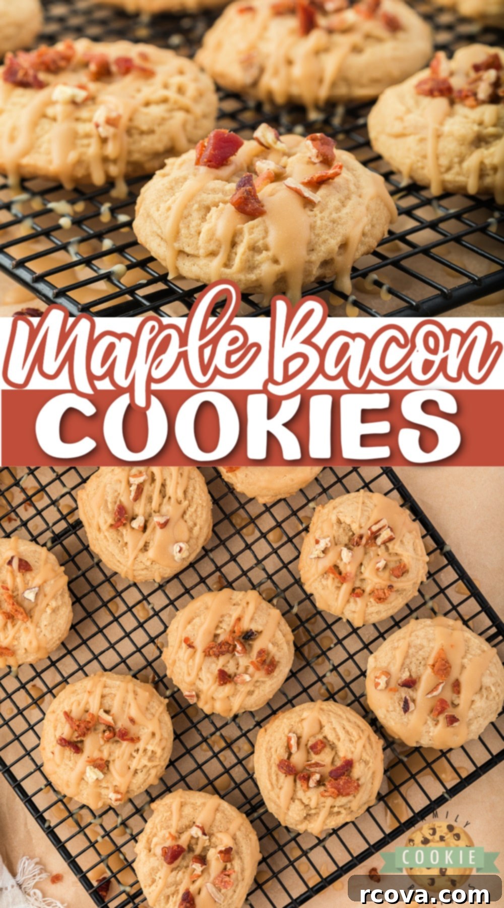 Sweet & Savory Maple Bacon Cookies 16 A close-up of a perfectly baked Maple Bacon Cookie, with its soft interior visible, revealing the enticing blend of sweet and savory elements.
