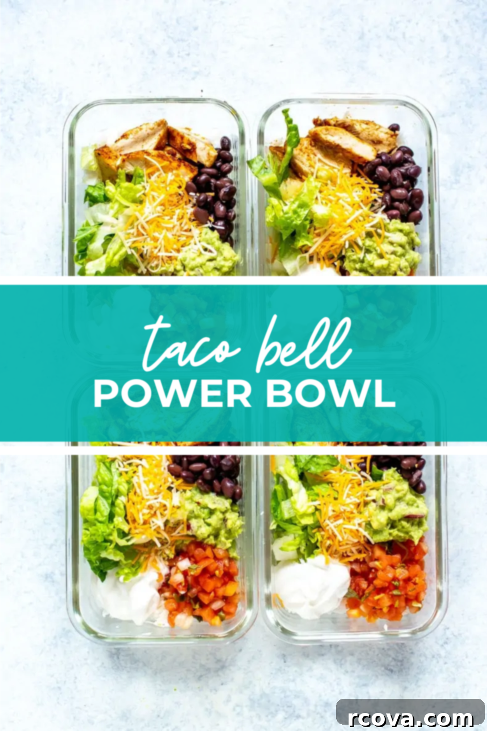 Homemade Taco Bell Power Bowl Recipe 12 Overhead shot of meal prep portions of taco bell power bowl, blue banner with white text reading "taco bell power bowl"