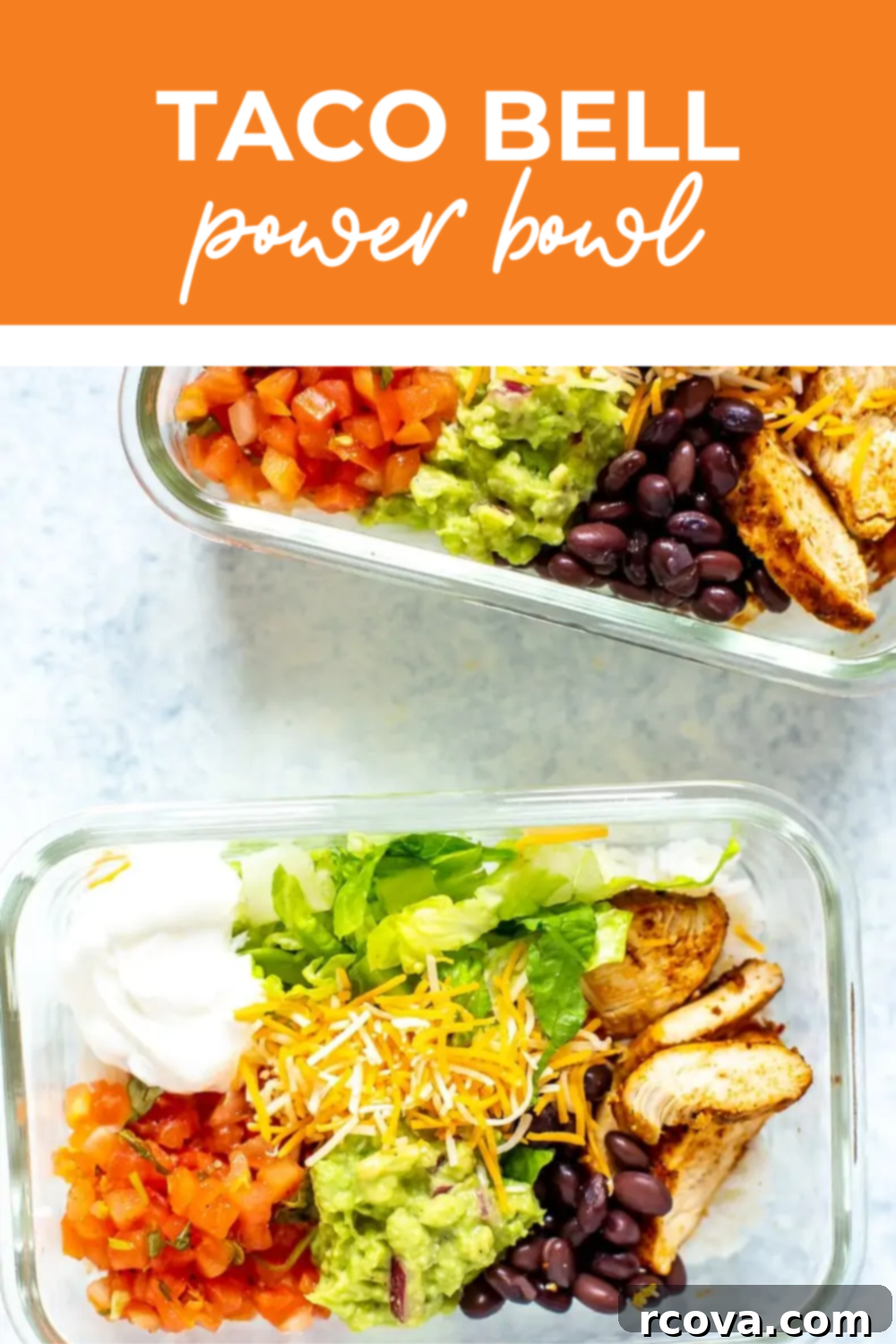 Homemade Taco Bell Power Bowl Recipe 13 Overhead shot of meal prepped dish, orange banner on top with white text reading "taco bell power bowl"