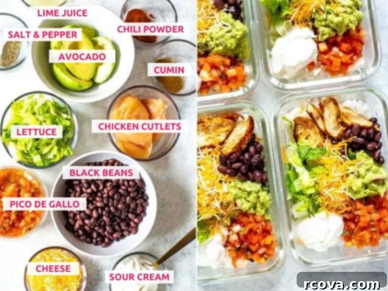 Homemade Taco Bell Power Bowl Recipe 4 A flat lay of all the fresh ingredients needed to make a homemade Taco Bell Power Bowl: olive oil, chicken cutlets, chili powder, cumin, salt, pepper, avocado, red onion, lime juice, water, white rice, butter, black beans, pico de gallo, romaine lettuce, shredded cheese, and sour cream.
