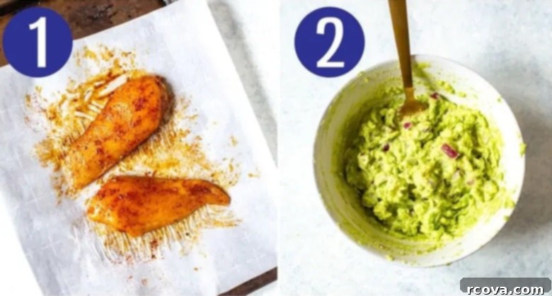Homemade Taco Bell Power Bowl Recipe 5 Two images showing step 1 and step 2 of making a Taco Bell power bowl: seasoning raw chicken cutlets with olive oil and spices, and mashing avocado with red onion and lime juice for guacamole.