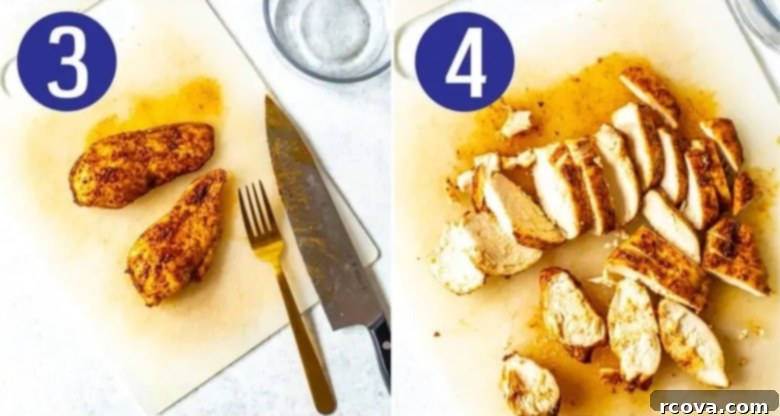 Homemade Taco Bell Power Bowl Recipe 6 Two images showing step 3 and step 4 of making a Taco Bell power bowl: cooked chicken cutlets on a baking sheet, and the same chicken cutlets sliced into bite-sized pieces.