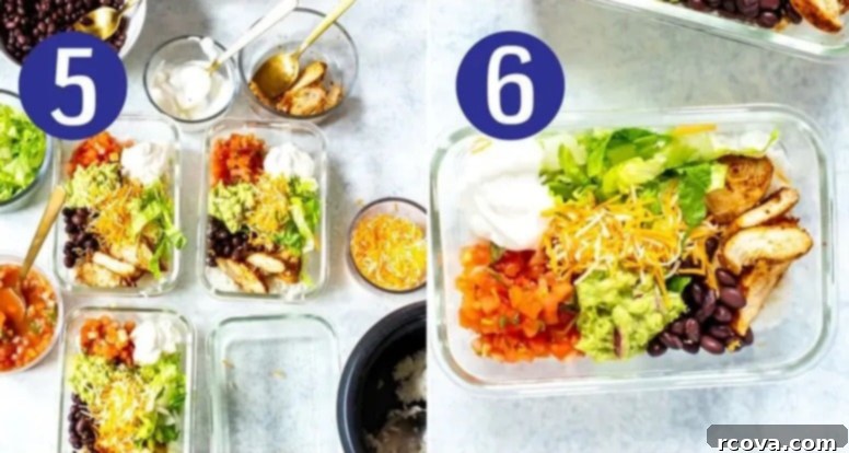 Homemade Taco Bell Power Bowl Recipe 7 Two images showing step 5 and step 6 of making a Taco Bell power bowl: various chopped toppings in separate bowls, and an assembled power bowl with layers of rice, chicken, beans, and fresh ingredients.