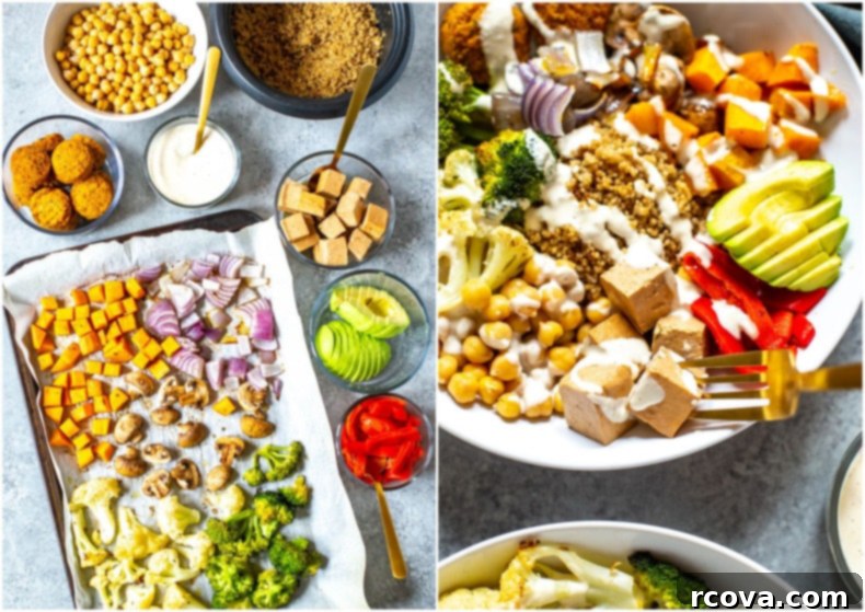 Create Your Perfect Buddha Bowl 7 A vibrant Buddha Bowl, close up, showing diverse textures and colors of roasted vegetables, chickpeas, and quinoa.