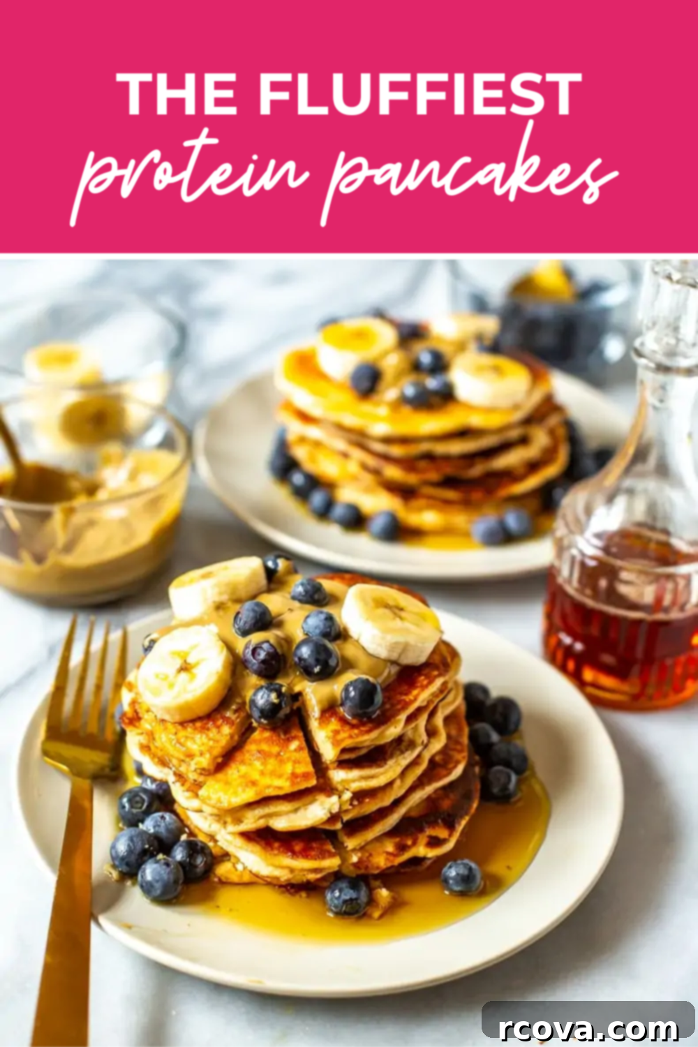 Power-Packed 4-Ingredient Fluffy Pancakes 11 Overhead shot of plated protein pancakes with a pink banner reading "the fluffiest protein pancakes"
