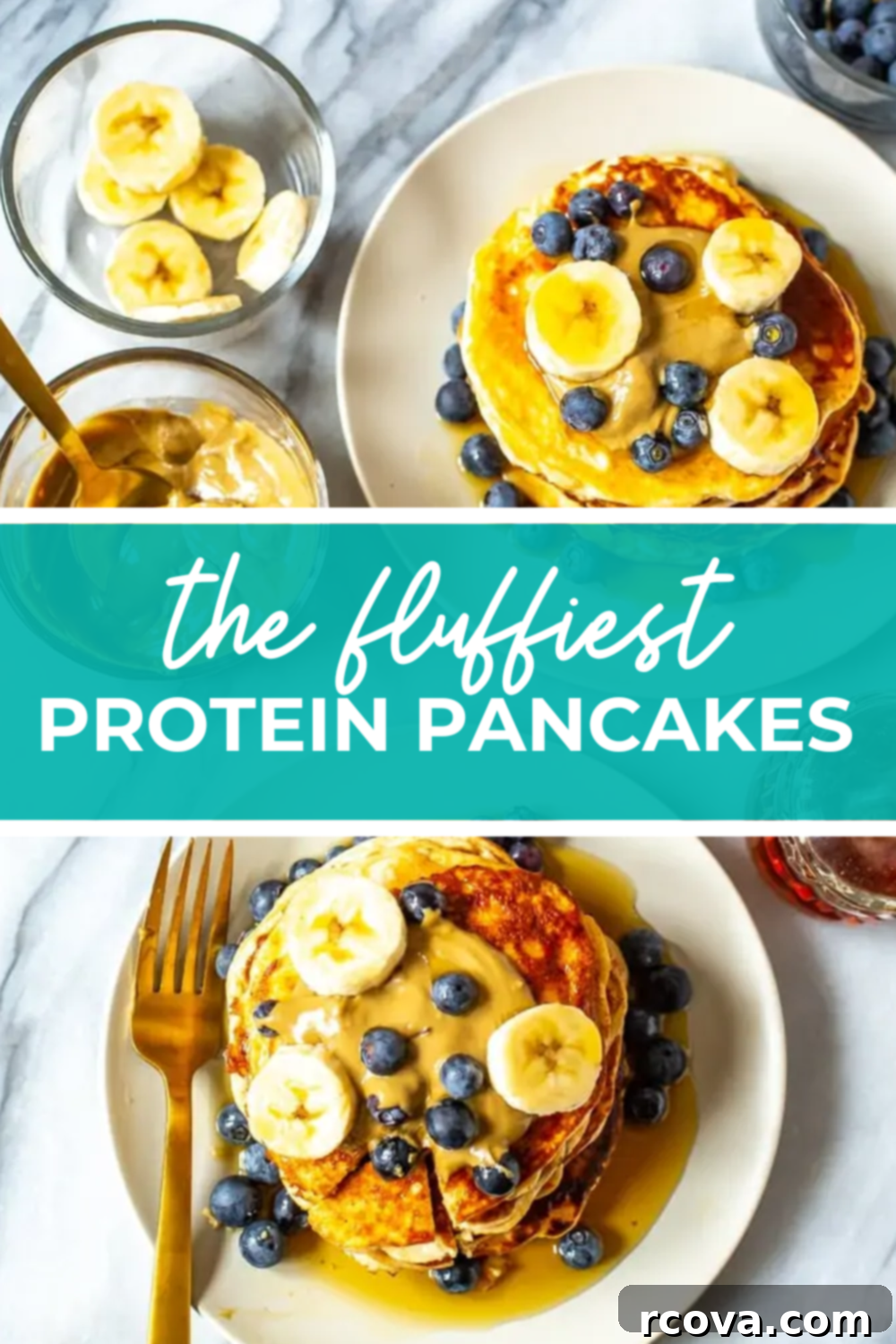 Power-Packed 4-Ingredient Fluffy Pancakes 12 Overhead shot of plated protein pancakes with a green banner reading "the fluffiest protein pancakes"