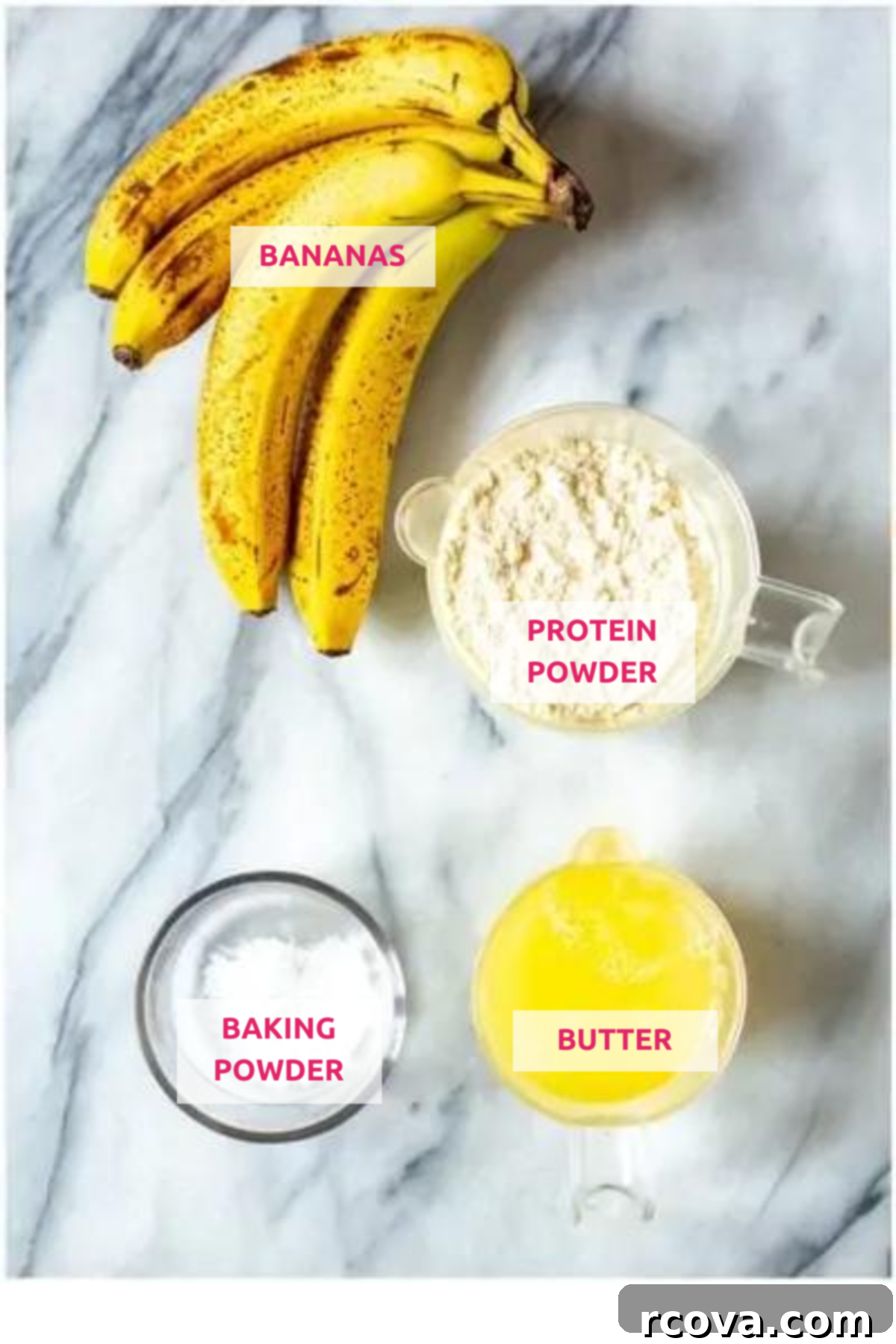 Power-Packed 4-Ingredient Fluffy Pancakes 4 Overhead shot of labeled ingredients for protein pancakes: mashed bananas, protein powder, egg whites, and baking powder.