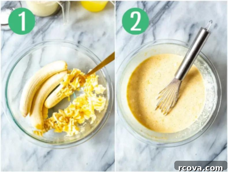 Power-Packed 4-Ingredient Fluffy Pancakes 5 Two overhead shots showing step 1: mashing bananas, and step 2: mixing all ingredients in a bowl.